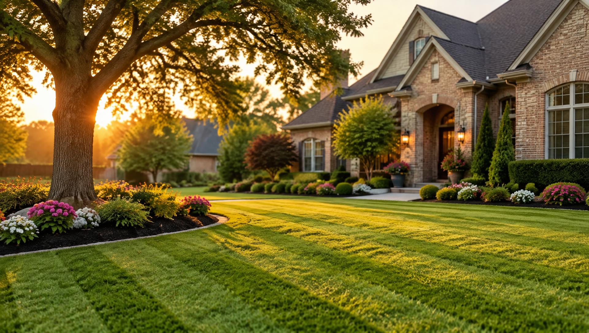Freshly mowed lawn with mulched flower beds in front of a brick home